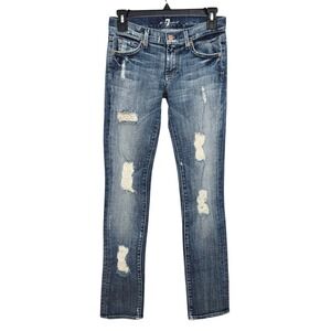 7 For All Mankind Roxanne Low Rise Skinny Jeans Size 24 Distressed Medium Wash